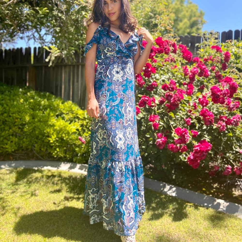 Long blue and pink maxi dress